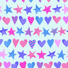 Vector seamless pattern of multicolored stars on a blue background. Stars of blue, pink, lilac in pastel colors. Birthday, Valentine's Day pattern for textiles, wallpaper, wrapping paper, postcards