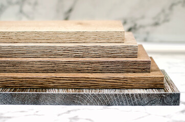 Chipboard materials for the production of furniture with a wooden texture.