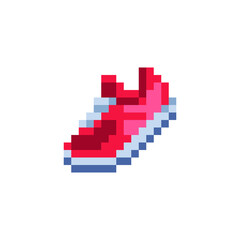 Obraz premium Red sneakers pixel art icon. Design for sticker, logo, web and mobile app. Isolated vector illustration.