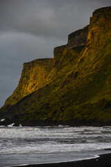 Early morning light on the cliffs above Vík Í Mýrdal black sand beach, South Iceland