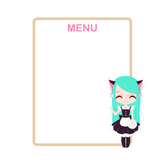 Design template for maid cafe menu with cute chibi anime maid