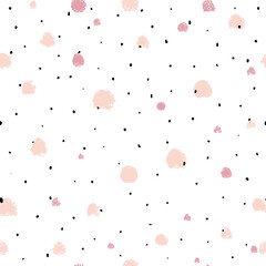 Abstract hand drawn seamless pattern with black and pastel pink dots