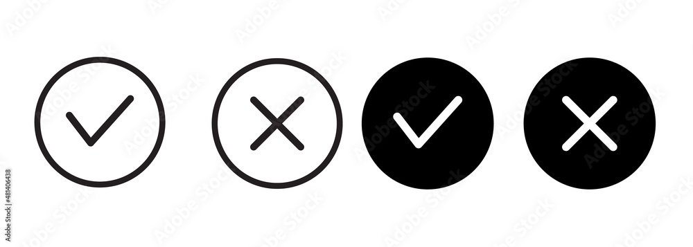 Poster tick and cross signs. ok and red x icons, simple marks graphic design. circle symbols yes and no but