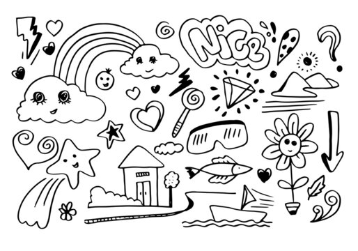 hand-drawn kids doodle set on white background.