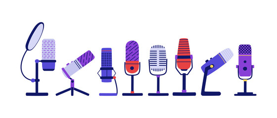 Collection of studio microphones for recording audio and music. Flat isolated vector illustration