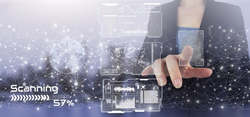 Fingerprint scanning biometric identity approval. Hand touch digital screen hologram fingerprint sign on city back, collage data charts on virtual screen Business Technology Safety Internet Network