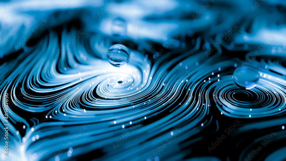 Poster animation of blue abstract curved lines and shapes with glass spheres above them. shallow depth of f