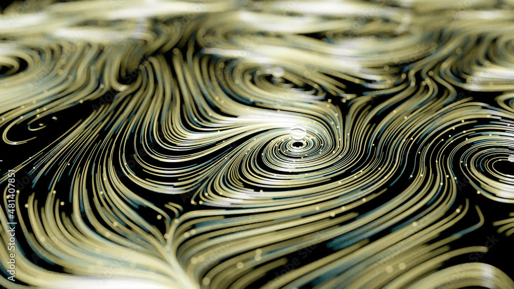Poster animation of golden abstract curved lines and shapes with glass spheres above them. shallow depth of