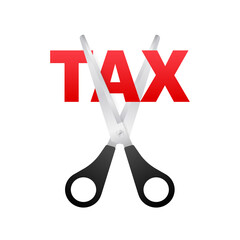 Tax cut in cartoon style on black background. Vector illustration, cartoon character. Editable stroke.
