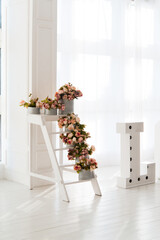 Bouquets of roses on a white staircase. Interior decor.
