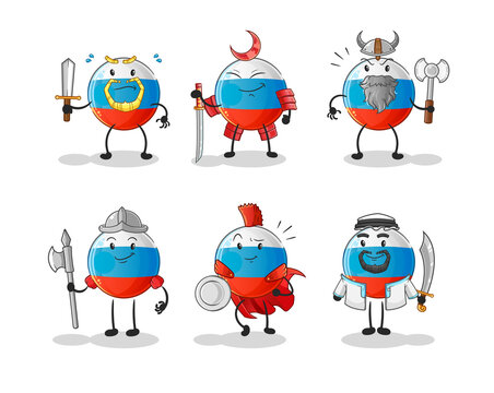 russia flag warrior group character. cartoon mascot vector