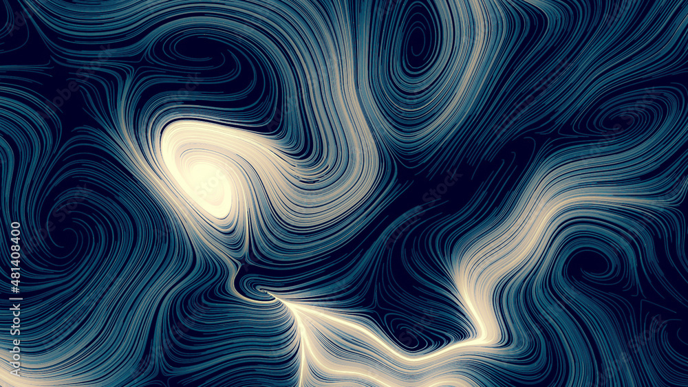 Aufkleber animation of abstract curved lines over black background, with small light particles flowing along t