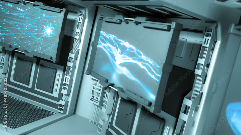 Poster generic abstract high tech interior with monitor screens. technology, engineering and science backgr