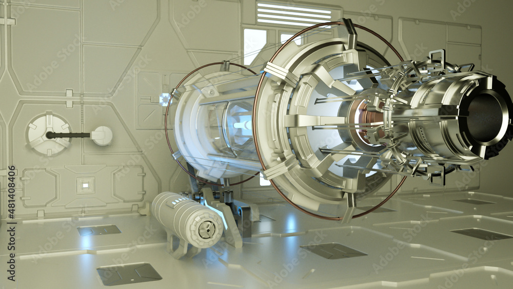 Poster generic futuristic science fiction background. inside of a hi-tech laboratory or space ship. 3d rend