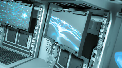Generic abstract high tech interior with monitor screens. Technology, engineering and science background. 3D rendering