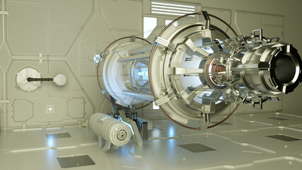 Generic futuristic science fiction background. Inside of a hi-tech laboratory or space ship. 3D rendering