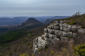 View from Beshik-Tau mountain in spring. Bakhchysarai, Crimea