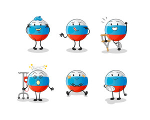 russia flag sick group character. cartoon mascot vector
