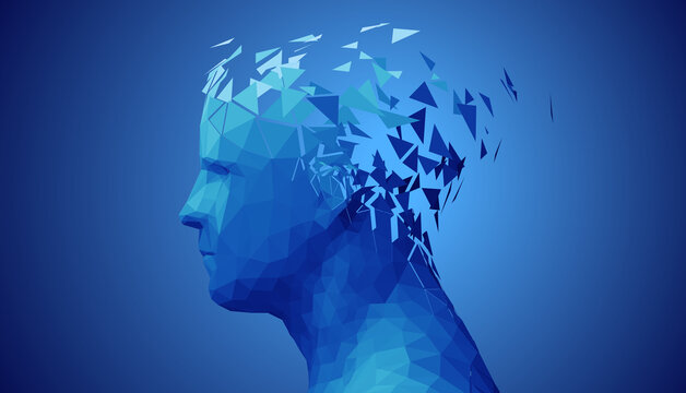 Human head, low poly style 3d vector wireframe object broken into different particles.