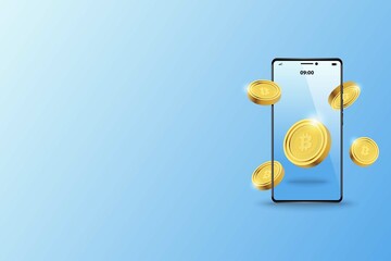 Concept of crypto on mobile, golden coins floating out of a smartphone in blue color shade background.