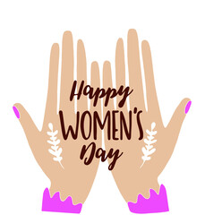 Depicted women's hands with flowers congratulations on Women's Day.Vector graphics 