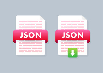 Download JSON button. Downloading document concept. File with JSON label and down arrow sign. Vector illustration.