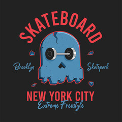 Skull skateboard design for t-shirt. New York, Brooklyn skatepark tee shirt print with skull and skate. Apparel drawn print on skateboarding theme. Vector illustration. © Roman
