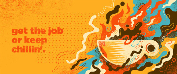 Abstract lifestyle banner design with cup of coffee and various colorful splashing shapes. Vector illustration.