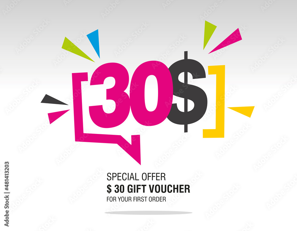 Wall mural 30$ internet website promotion sale offer big sale and super sale modern colorful coupon code dollar