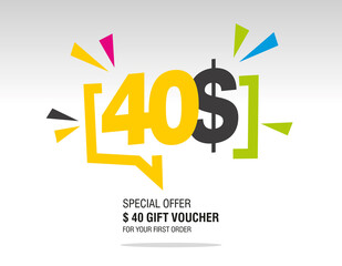 40$ internet website promotion sale offer big sale and super sale modern colorful coupon code dollar 40$ discount gift voucher coupon