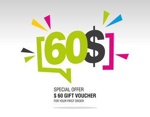 Naklejka premium 60$ internet website promotion sale offer big sale and super sale modern colorful coupon code dollar 60$ discount gift voucher coupon