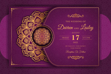 Luxury Mandala Wedding Invitation Card template with golden arabesque pattern Arabic Islamic east background style. Editable vector file. Decorative mandala for print, poster, cover, flyer, banner.  