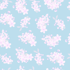 Seamless background pattern of branches light pink Japanese cherry flower on blue background in a random arrangement square format, spring motif for textiles. Sakura flowers texture, EPS 10 vector