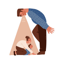 Distraught and furious husband yell and threaten mother and crying child. Mom protecting the child. Domestic violence, abusive relationships, harassment in family. Flat hand drawn vector illustration. - obrazy, fototapety, plakaty