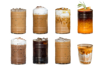 set of iced coffee isolated on white background