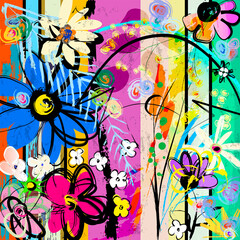 abstract background composition with flowers, paint strokes, splashes and geometric lines - 481414240