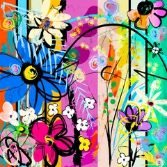 Poster Im Rahmen abstract background composition with flowers, paint strokes, splashes and geometric lines © Kirsten Hinte