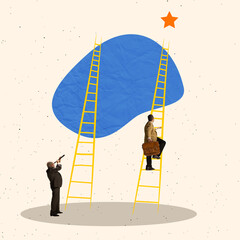 Creative design. Contemporary art collage of businessman climbing up the ladder to the star. Leader...