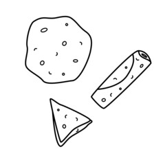 Vector doodle set illustration of thin pancakes. A whole pancake, a pancake rolled into a roll with stuffing and a folded triangle.