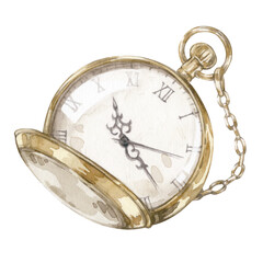 Watercolor illustration of vintage gold pocket watch isolated on white background.