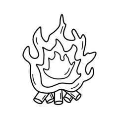 Bonfire vector doodle illustration, bonfire icon is a fire on firewood.