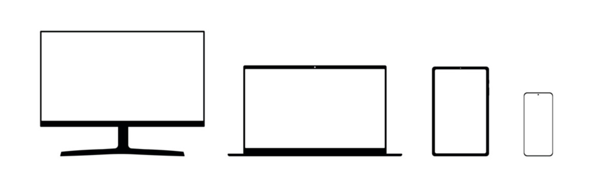 Realistic mockups devices on an isolated background. Vector set of phone, tablet, laptop and computer. Vector illustration.