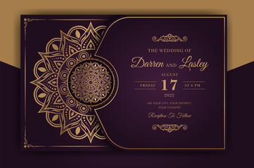 Luxury Mandala Wedding Invitation Card template with golden arabesque pattern Arabic Islamic east background style. Editable vector file. Decorative mandala for print, poster, cover, flyer, banner.  