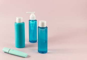 Cosmetics for body care, in plastic bottles, accessories