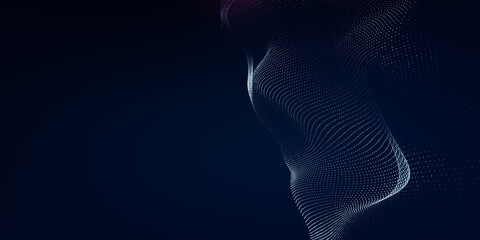 Blue particles wave background. Abstract dynamic mesh. Big data technology.