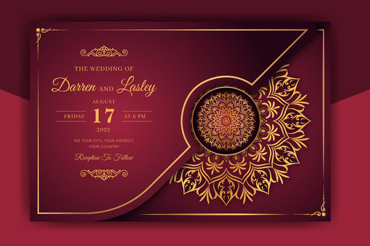 Luxury Mandala Wedding Invitation Card template with golden arabesque pattern Arabic Islamic east background style. Editable vector file. Decorative mandala for print, poster, cover, flyer, banner. 