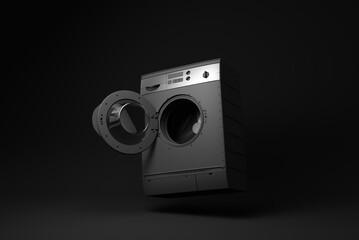 Black Washing machine floating on black background. minimal concept idea. monochrome. 3d render.