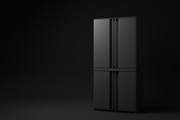 Black Refrigerator. Fridge Freezer on black background. minimal concept idea. 3d render.