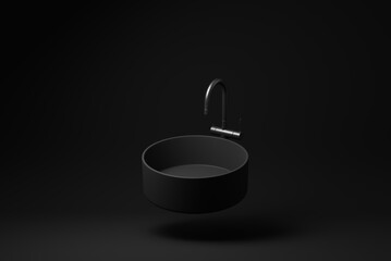 Black bathroom sink floating on black background. minimal concept idea. monochrome. 3d render. - 481417699