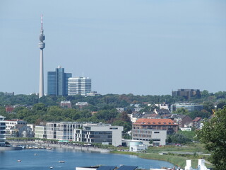 View of the marina and modern buildings at Phoenix Lake in the Dortmund suburb of Hoerde, North...